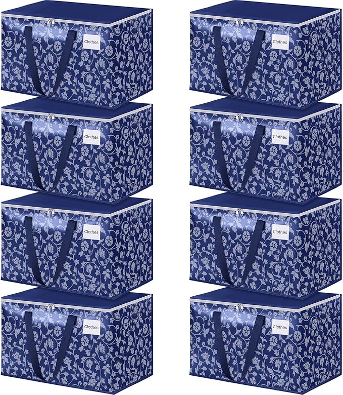 HomeHacks Moving Bags, Extra Large Size Moving Boxes, Heavy Duty Luggage Bags with Smooth Zipper and Sturdy Handles, Large Capacity & Easy Loading Storage Totes for Space Saver 125L, 8-Pack, Blue