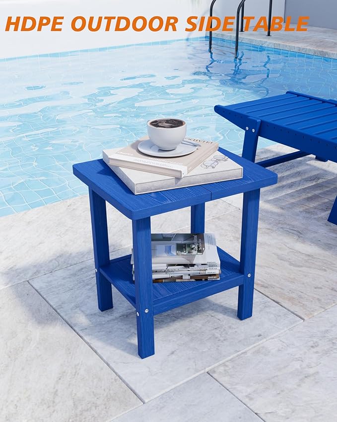 2-Tier Adirondack Square Outdoor Side Table, Pool Composite Patio Table, Weather Resistant End Table for Patio, Backyard, Pool, Easy Maintenance - Navy