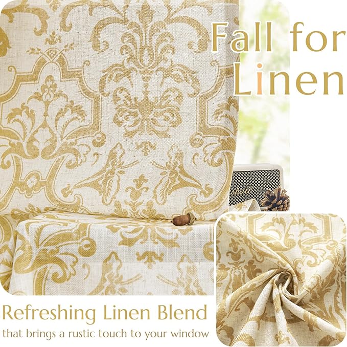 jinchan Light Filtering Curtains, 90 Inch Length 2 Panels Set, Linen Blend Drapes for Bedroom, Vintage Damask Patterned Curtains, Grommet Top Mustard Yellow on Flax