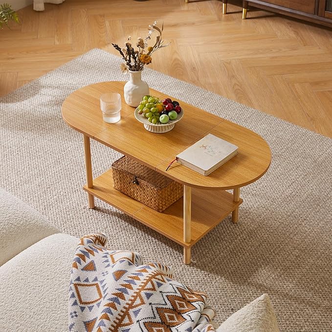 Wooden Tea Table Splicing Design, 2 Tier Coffee Table for Living Room, 35x16x17inch TV Table Stand with Storage Shelf Natural Wood Color YD-011N