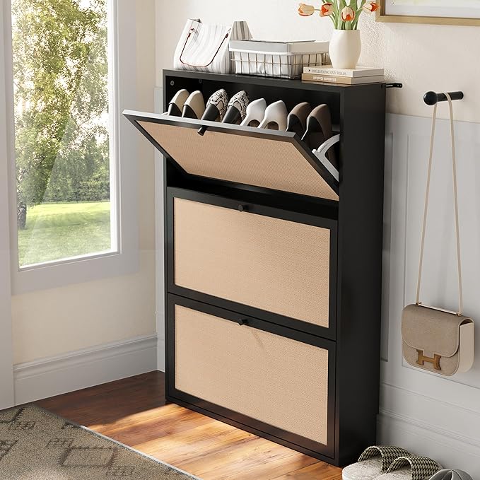 AVZEAR Narrow Shoe Storage Cabinet for Entryway with Natural Linen Panel, Freestanding Slim Shoe Cabinet with 3 Flip Drawers, Wood Shoe Organizer Closed Shoe Rack for Hallway, Living Room(Black)