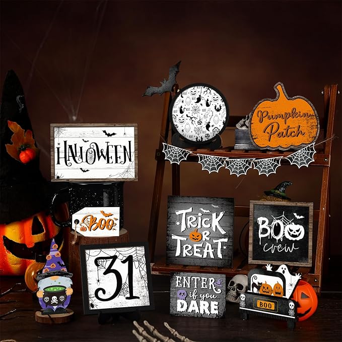 14 Pcs Halloween Tiered Tray Decorations Set Ghost Halloween Wooden Signs Rustic Farmhouse Pumpkin Boo Trick or Treat Blocks Table Sign Decorations for Home Party Favors