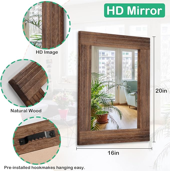 Wood Mirror Rectangular Framed Rustic Vintage Mirrors Decor Farmhouse Bedroom Bathroom Mirror for Dressing Table Entrance Large 20"x16" Brown