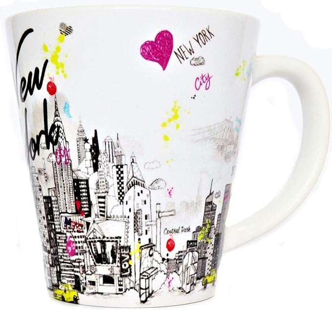 Sweet Gisele | New York City Latte Mug | Ceramic NYC Coffee Cup | Downtown Manhattan Skyline | Empire State Building & Times Square | Brooklyn Bridge | Novelty Gift Souvenir | 11 Fl. Oz (White/Multi)