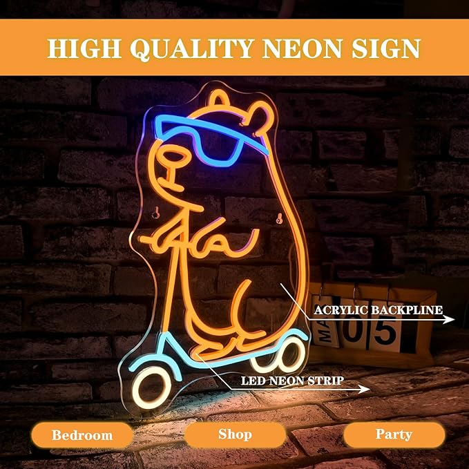 Cool Capybara Neon Sign Dimmable Cute Animal With Skateboard Led Signs for Wall Decor Cartoon Neon Night Sign for Bedroom Children's Room Party Holiday Birthday Decoration Capybara Fans Gifts