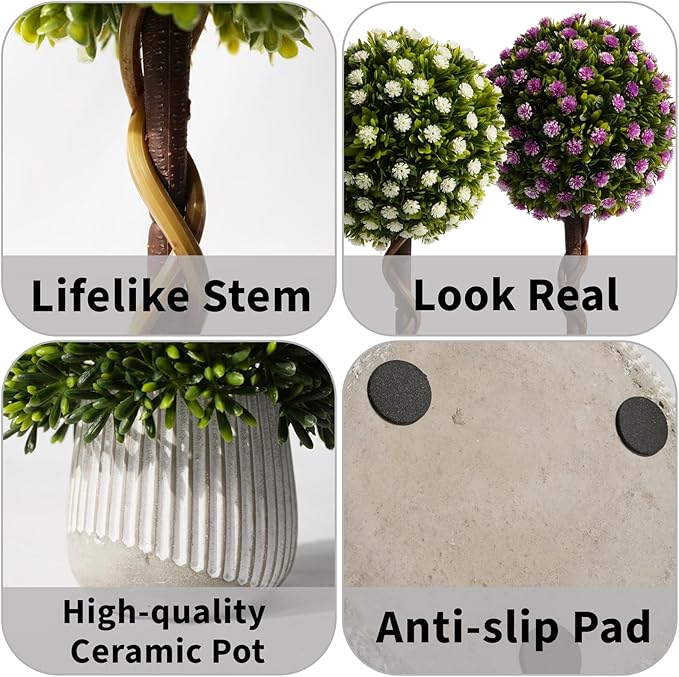 3 Pack Fake Plants 14.57 Inch, Small Artificial Topiary Trees Potted in Cement Planter, Small Artificial Plants Indoor/Outdoor for Home Kitchen Bathroom Bedroom Room Decor - White Purple - Flowers