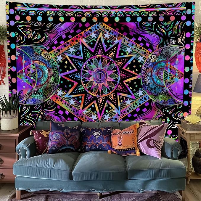 Blacklight Sun and Moon Tapestry Glow in The Dark Neon Hippie Bohemian Tapestries for Bedroom Aesthetic UV Reactive Purple Celestial Tie Dye Tapestry Wall Hanging for Living Room Dorm (40'' × 30'')
