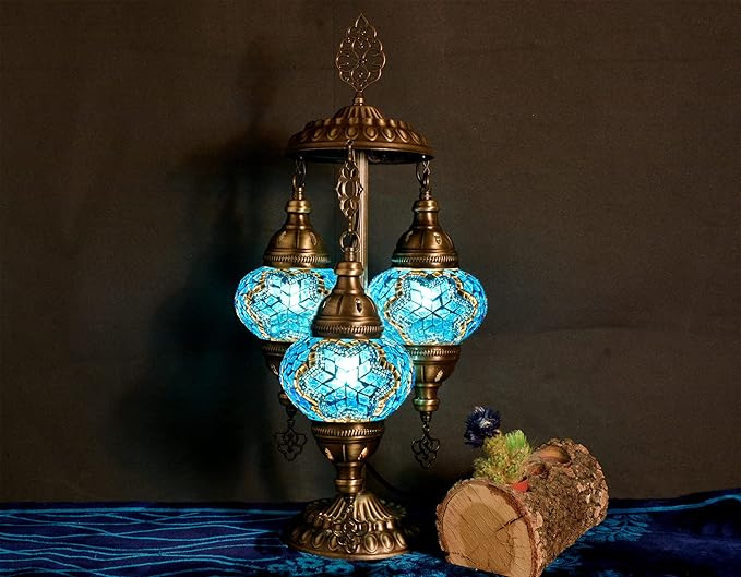 mozaist Moroccan Handmade Mosaic Table Lamp, Turkish Vintage Boho Style Desk Light, 3 Globe Bedside Country Décor for Home Lighting, Rural Authentic Unique Gift with US Plug & E12 Socket (Sea Blue)