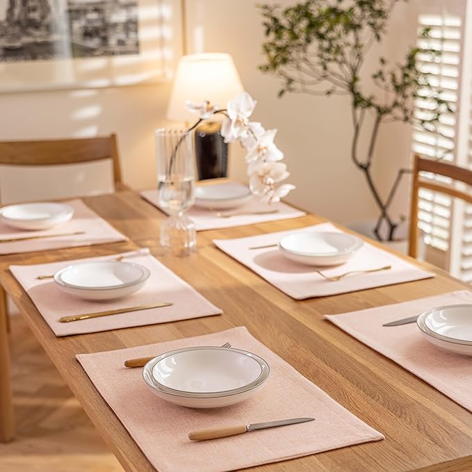Demetex Pink Placemats Set of 6 Heat Resistant Linen Place Mats Washable Cloth Plate Mats for Dining Party Banquet Table Decorations, 13 x 19 inch, Pink