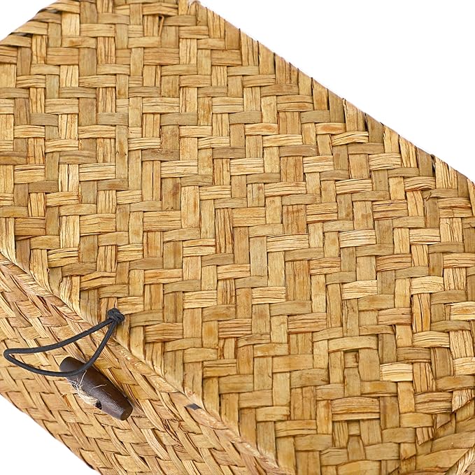 Hipiwe Wicker Shelf Baskets Bin with Lid, Handwoven Seagrass Basket Storage Bins Rectangular Household Basket Boxes for Shelf Wardrobe Home Organizer, Caramel X-Small