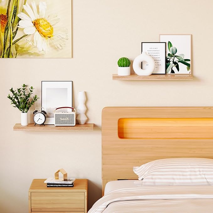 2 Packs Floating Shelves for Wall Storage Nursery Book Display Trinket Trophy Decorative Display Lack Living Room Bedroom Girl Dorm Decor Cute Mounted Shelf Wood Natural Thin Hanging Bookshelf 24 Inch