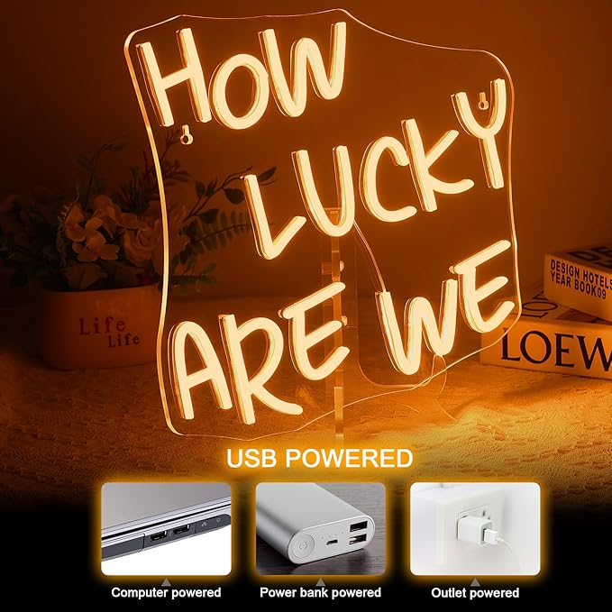 NOSUN How Lucky Are We Neon Sign Lucky Light Signs, Warm White Neon Signs for Wall Decor, Lucky LED Neon Signs for Teen Girls Neon Lights Signs for Bedroom, Salon, Party Neon Name Sign