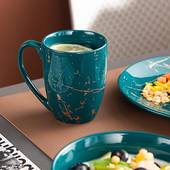 LOVECASA Porcelain Dinnerware Sets for 4, 16 PCS Plates and Bowls Set, Color Glaze with Gold Plate Dish Set, Dinner Sets with Dinner Plates, Dessert Plate, Bowls and Mugs, Dark Green