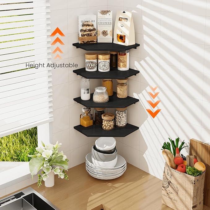 Homode Corner Floating Shelves, Corner Shelves Wall Mounted with Cord Hole, 4 Tier Diamond Shape Corner Hanging Shelving for Wall Storage, for Cable Box, TV Cords, Books, Plants, Black