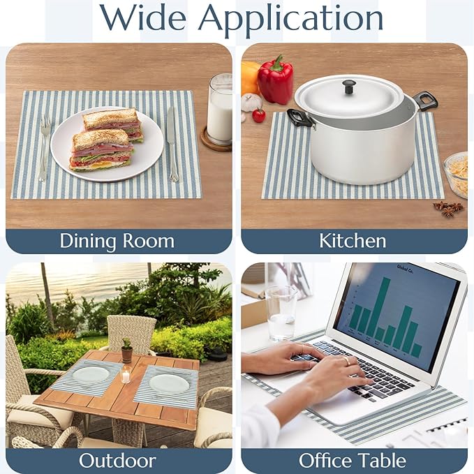 JINCHAN Linen Striped Placemats Set of 4 Farmhouse Cloth Place Mats Durable Table Mats Soft Washable Placemats for Kitchen Dining Table Double Layer Heat Resistant Tablemats 13x19 Inch Blue