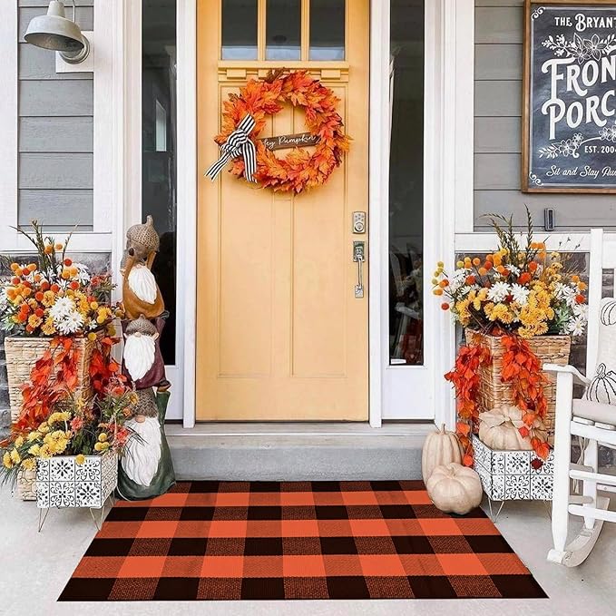 Buffalo Plaid Rug 28 x 43 Inches Fall Outdoor Front Door Decor Mat, Cotton Washable Hand-Woven Rug for Layered Doormat, Autumn Halloween Thanksgiving Carpet for Porch (Orange and Black Plaid)