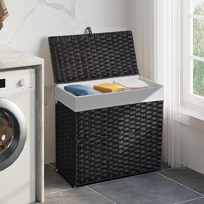 Greenstell Laundry Hamper with Lid, 125L Large Clothes Hamper with 3 Section & 2 Section Removable Liner Bags & 5 Mesh Laundry Bags, Handwoven Synthetic Rattan Divided Laundry Basket, Black