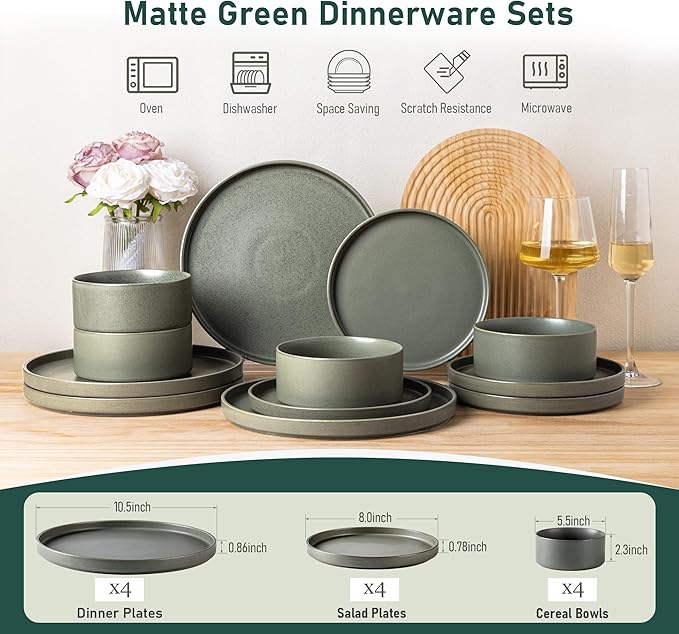GBHOME Ceramic Dinnerware Sets for 4, Stoneware Plates and Bowls Sets, Chip and Scratch Resistant Dishes, Dishwasher & Microwave& Oven Safe Dishes sets, Reactive Glaze-Green