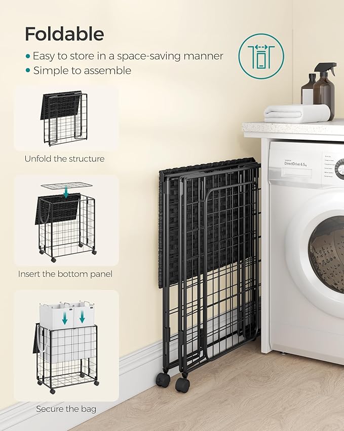 SONGMICS Laundry Hamper, 110L Laundry Basket with Lid, Clothes Hamper with Wheels, Collapsible Removable Liner Bag, Iron-Made Laundry Sorter, Ink Black and Cloud White ULCB211B12