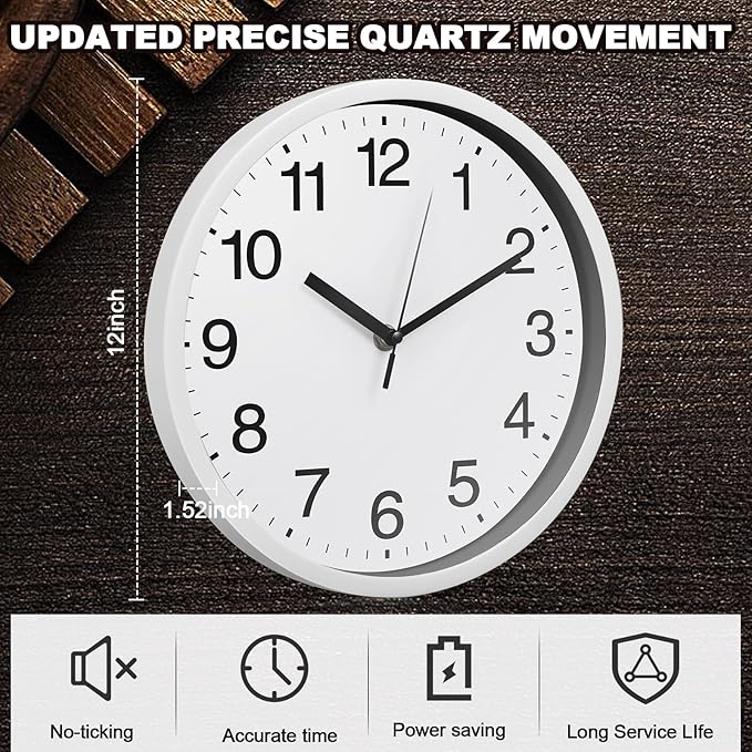Inbagi 8 Pcs Wall Clock Large Silent Battery Operated Wall Clocks Modern Non Ticking Wall Clocks Bulk Decorative for Kitchen Office Living Room Home Bathroom Bedroom Classroom(White,12 Inch)