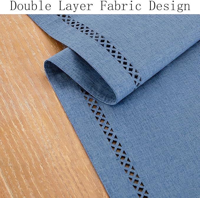 Burlap Style Farmhouse Table Runner, 13 x 36 Inch Blue, Rustic Geometric Hollow Table Runners 36 Inches Long for Dresser Table Everyday Use, 13x36 Inches, Blue
