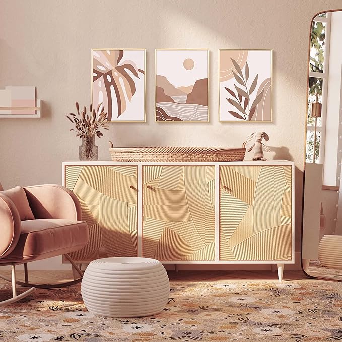 ArtbyHannah Boho Canvas Wall Art, 12x16 Inch Modern Gold Framed Neutral Wall Decor with Sun & Mountains Botanical Print for Living Room Bedroom Office Decorations (3 Piece)
