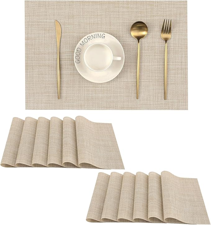 Leetaltree Beige Placemats Set of 12 - Heat Resistant Non-Slip Place mats for Dining Table, Washable Durable PVC Vinyl Woven Table Mats(Beige, 12)