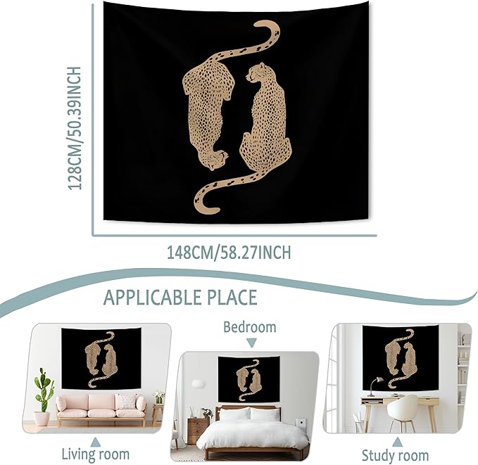 KAIOUS Black Leopard Cheetah Tapestry, Y2k Leopard Cheetah Wall Hanging Tapestries for Bedroom Living Room Dorm Girls Room Home Decor 50x58 Inches