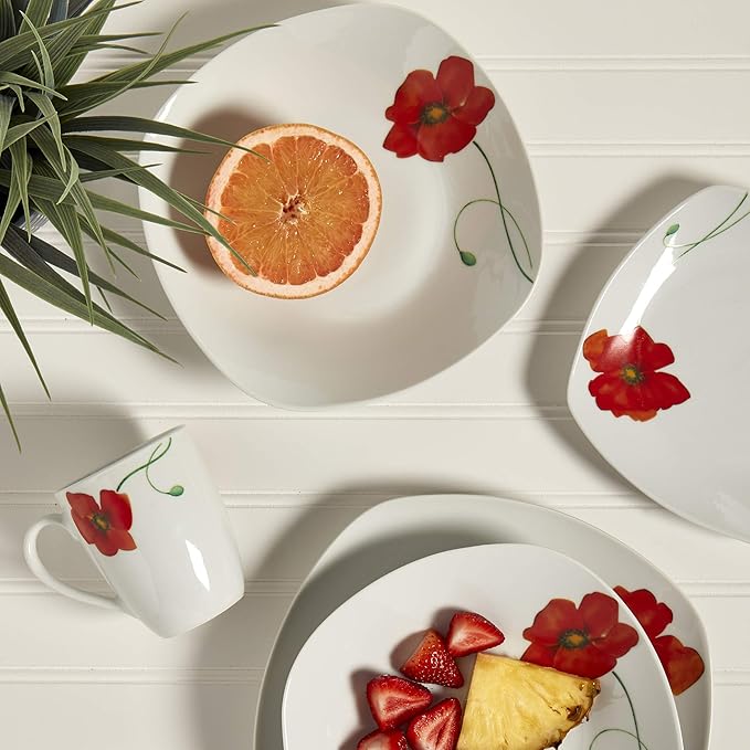 Poppy - 16 Piece Square Dinnerware Set, Service of 4
