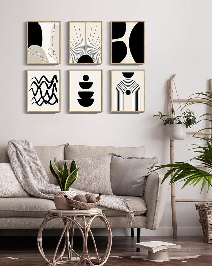 ๐๐ฟ๐๐ผ๐๐บ Black Abstract Boho Wall Art Minimalist Geometric ๐๐ฟ๐ฎ๐บ๐ฒ๐ฑ Wood Wall Decor Boho Room Decor Black Beige Art Canvas Painting Mid Century Modern Prints Bohemian Posters for Bedroom Kitchen Office