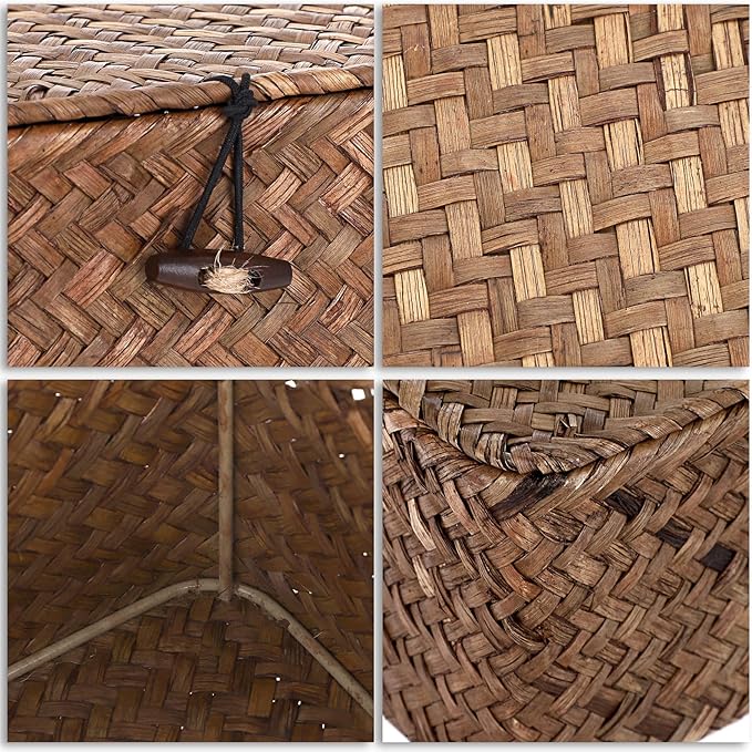 Hipiwe Wicker Shelf Baskets Bin with Lid, Handwoven Seagrass Basket Storage Bins Rectangular Household Basket Boxes for Shelf Wardrobe Home Organizer, Coffee X-Small