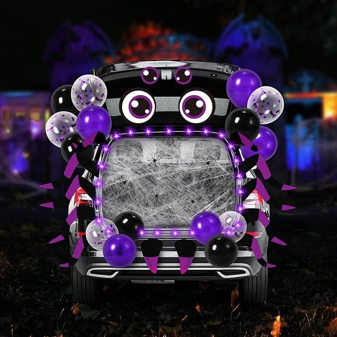 Halloween Trunk or Treat Car Decorations Kit - Halloween Car Decor with Spider Web, Balloons, Purple String Lights, Halloweens Spider Outdoor Decorations for Cars SUV Garage Door Entryway Archway
