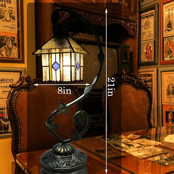 Tiffany Lamp,21x11x8 inches Stained Glass Lamp,Geometry House Tiffany Style Table Lamp with Three-Color Dimming for Bedside Table,Dining Table,Antique Office