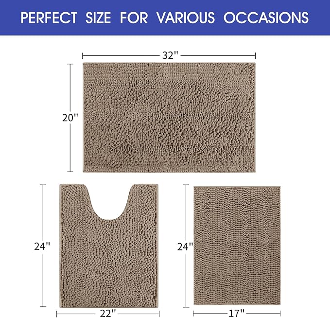 ACCUMTEK Striped Ultra Soft Bathroom Rugs and Mats Set 3 Pieces Bath Rug Set Dark Beige, Thick Chenille Bath Rugs Non Slip Bath Mats for Toilet, Bedroom, Kitchen