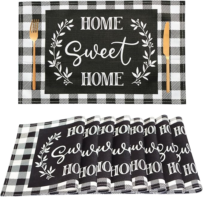 Buffalo Plaid Placemats Set of 8, Black White Farmhouse Placemats - Linen Washable Heat Resistant Waterproof Place Mats for Ktichen Dining Table 18 X 12 Inch, Plaid