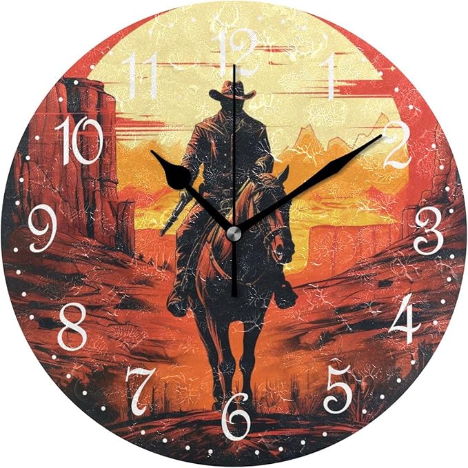 ALAZA Wall Clock Sunset Cowboy Silent Non-Ticking Decorative Wall Clocks Battery Operated 10 Inch for Home Living Room Kitchen Bathroom Bedroom