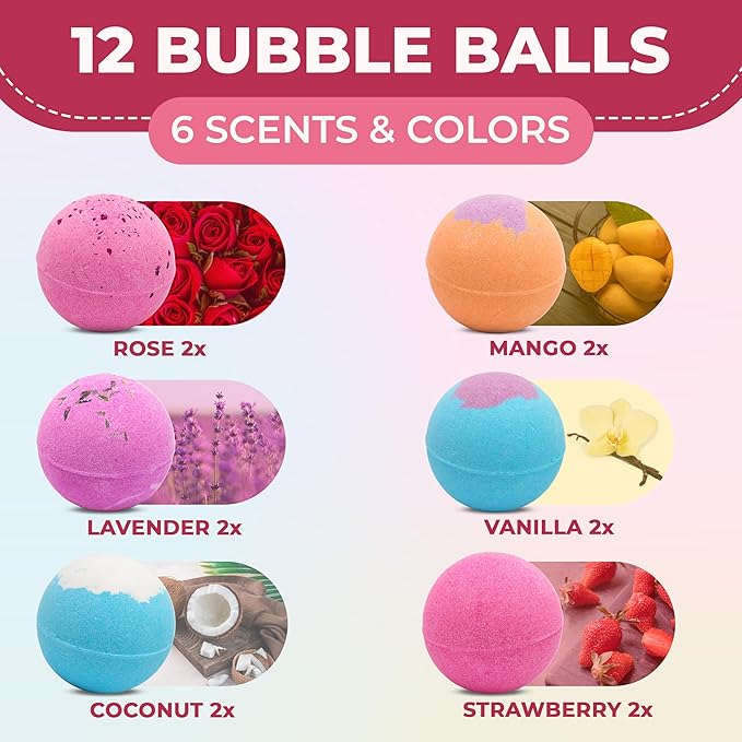 12 Extra Large Organic Bath Bombs for Women Men - Shea Butter & Essential Oil Infused, Moisturizing, Scented, Shower Lush Bathbombs kit for Girls, Bath Balls - Bath tub Accessories for Women
