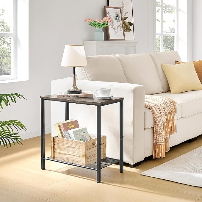 Hoctieon 2 Tier End Table, Sofa Side Table, Narrow Side Table with Storage, Slim Nightstand for Small Spaces, Metal Frame, for Living Room, Bedroom, Sofa Couch, Hall, Grey