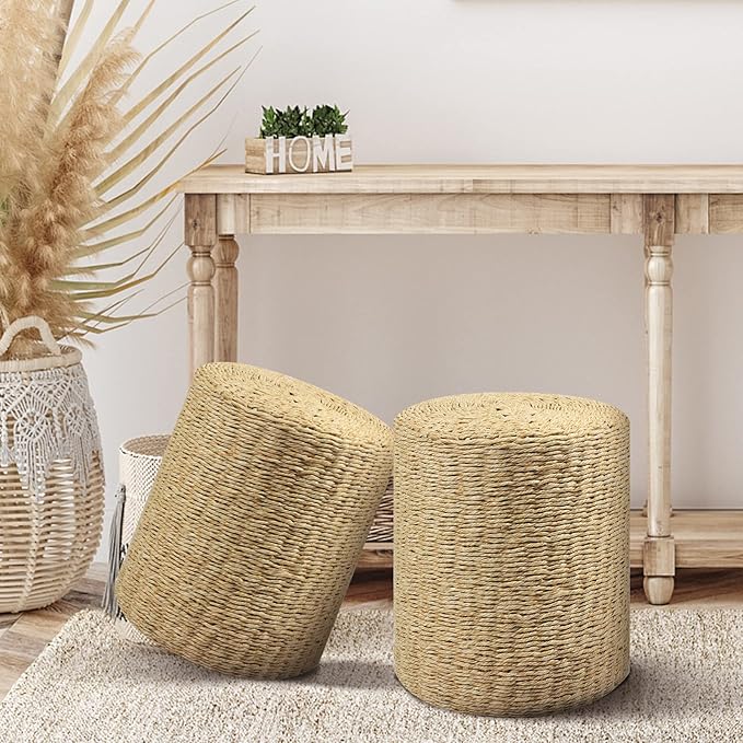 Cplxroc Pouf Ottoman, 100% Handwoven Seagrass Braided Pouffe, Boho Decor Floor Chair for Couch or Desk, Outdoor Ottomans for Garden, Round Footrest with Wood Frame, Home Decorative Seat for Balcony