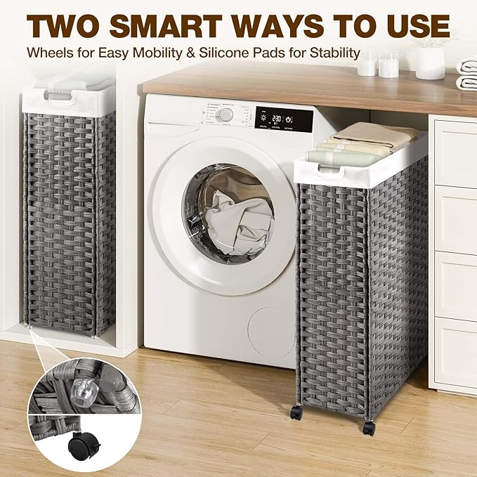 Greenstell Laundry Hamper with Wheels, 11.9 Gallon (45L) Small Clothes Hamper with 2 Removable Liner Bags & 2 Mesh Bags, Slim Rattan Laundry Basket for Bathroom, Bedroom, Grey