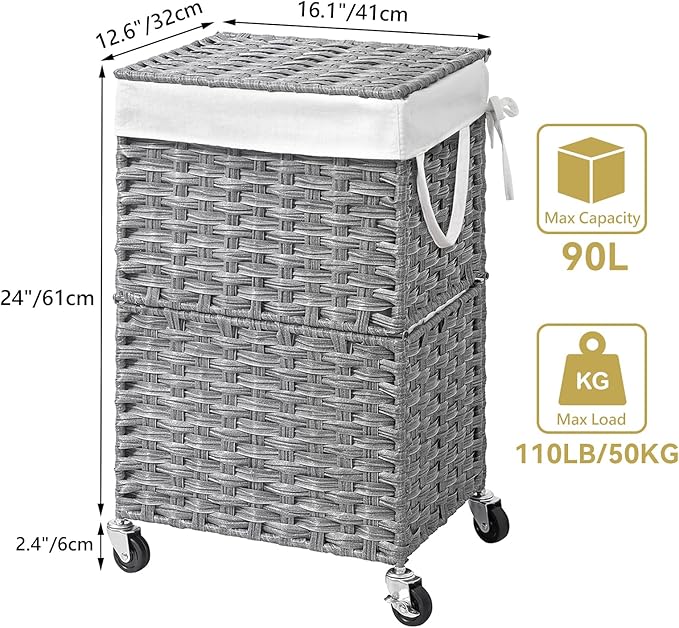 Chrislley 90L Slim Laundry Hamper with Wheels,Rolling Laundry Basket with Lid and Renovable Liner Bag,Handwoven Rattan Organizer for bedroom, bathroom, laundry room (Grey)