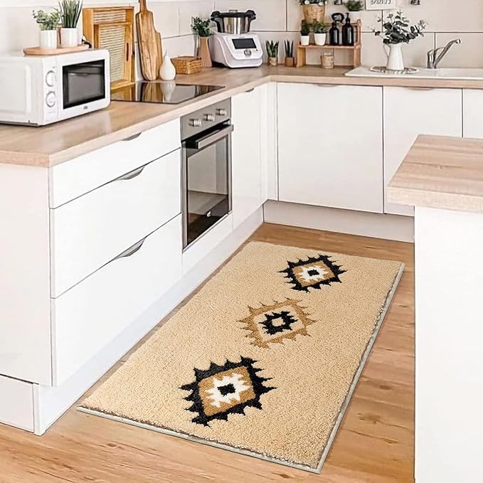 DEXDE Boho Bathroom Rugs Cream Beige Bath Mat Non Slip Western Geometric Bath Rug Luxury Soft Absorbent Carpet for Bathroom Shower Kitchen Entryway Farmhouse Neutral Decor 24x36