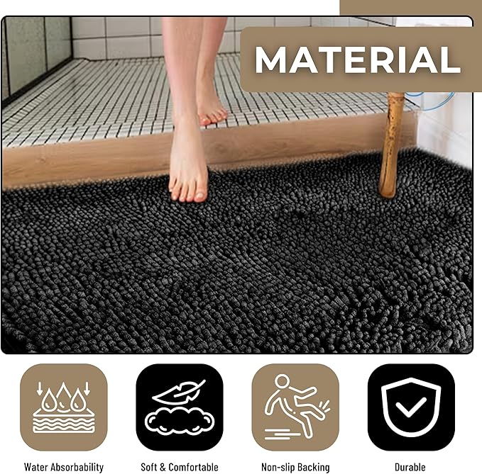 Softstep Premium Luxury Bathroom Rugs 36 x 24, Extra Soft Absorbent Bath Mat, Quick Dry Bath Rugs, Chenille Machine Washable Non-Slip Carpet, Mats For Tub & Shower, Home Decor Accessories, Plush Black