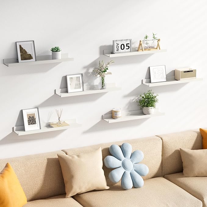 upsimples Floating Shelves for Wall, Wall Shelves for Decor Storage Set of 6, Wall Mounted Wood Shelves for Bedroom, Living Room, Bathroom, Kitchen, 23.6 inch Long Picture Ledge Shelves, White