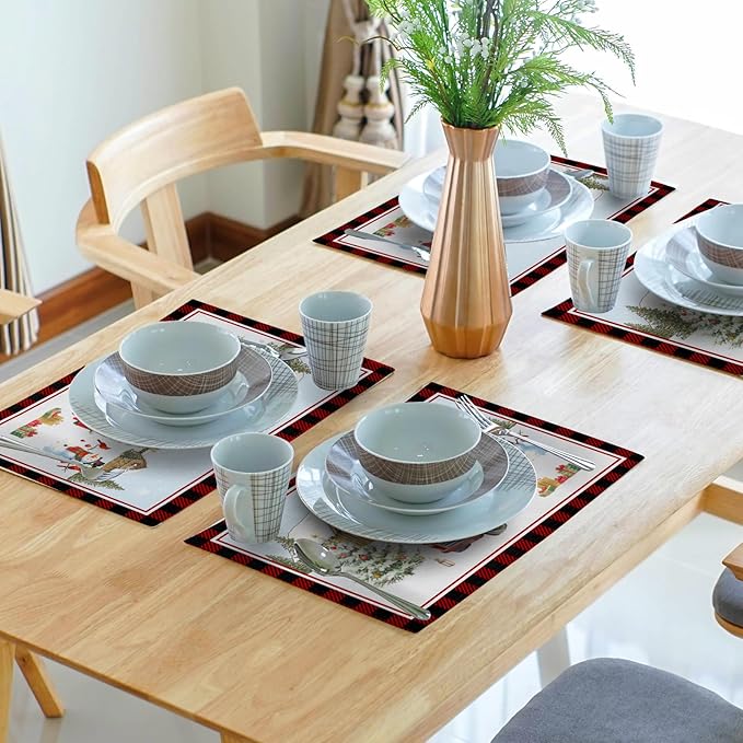 Giwawa Christmas Truck Placemats Set of 4 Winter Snowman Xmas Trees Place Mat with Black Red Buffalo Plaids 12"x18" Snow Farm Scene Non Slip Table Mats for Kitchen Dining Holiday Party Decor