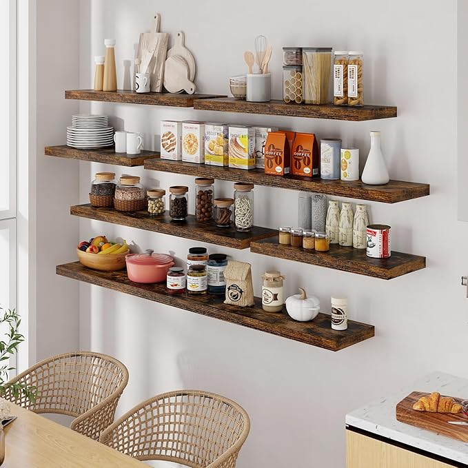 55 Inch Brown Floating Shelves, 9.3 Inch Deep Wall Mounted Floating Shelf, 55 x 9.3 Large Storage Wall Shelf for Living Room, Floating TV Stand, Farmhouse Rustic 55" Long Fireplace Mantel