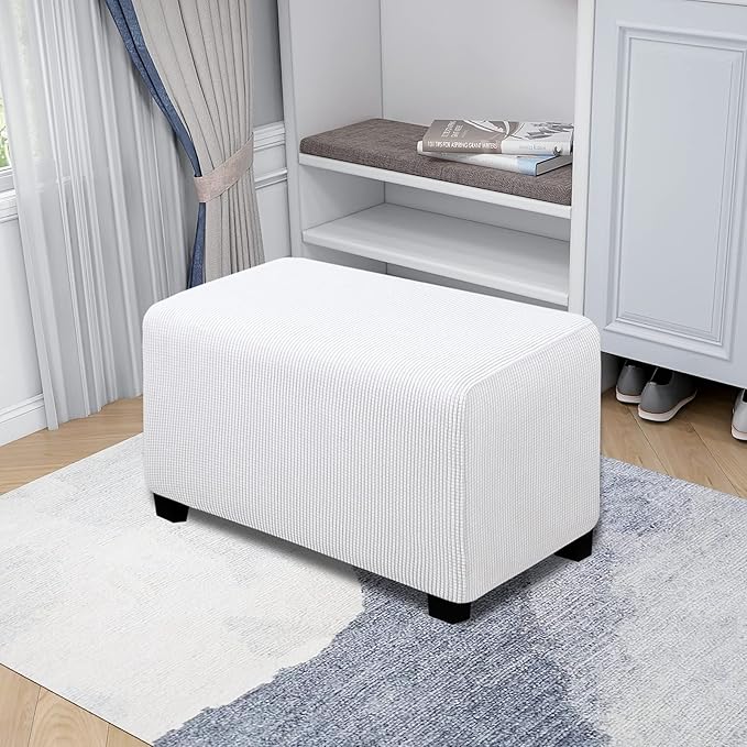 Easy-Going Stretch Ottoman Cover Folding Storage Stool Furniture Protector Soft Rectangle slipcover with Elastic Bottom(Ottoman Small,Snow White)
