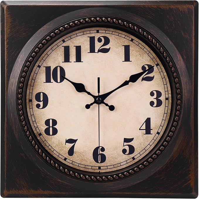 Wall Clock Vintage 1950s Style - Square Retro 12 Inch Wall Clocks Battery Operated for Kitchen Home Decor,Bronze