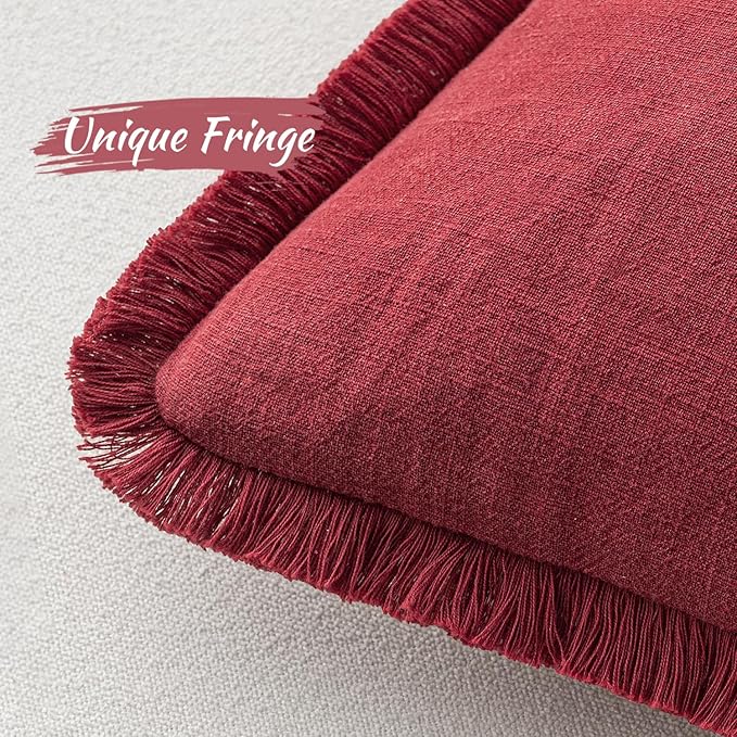 MIULEE Decorative Throw Pillow Covers Neutral Linen Fringe Throw Pillows Set of 2 Burgundy Boho Farmhouse Cushion Covers with Tassels for Couch Sofa Bed Living Room Spring Home Decor 18x18 Inch