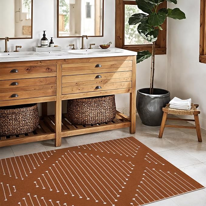 LIVEBOX Boho Washable Entryway Rug, 2.3' x 3.6' Front Door Rug for Entryway Indoor Burnt Orange Kitchen Rugs Moroccan Outdoor Mat, Hand-Woven Area Rug Cotton Throw Carpet for Layered Porch Bathroom